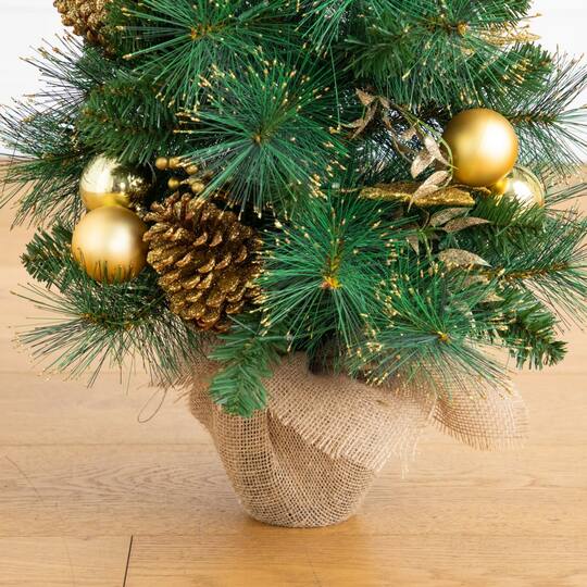 Nearly Natural 3ft. Pre-Lit Artificial Christmas Tree with Gold Ornaments & Pinecones in Jute Wrapped Base, Warm Lights